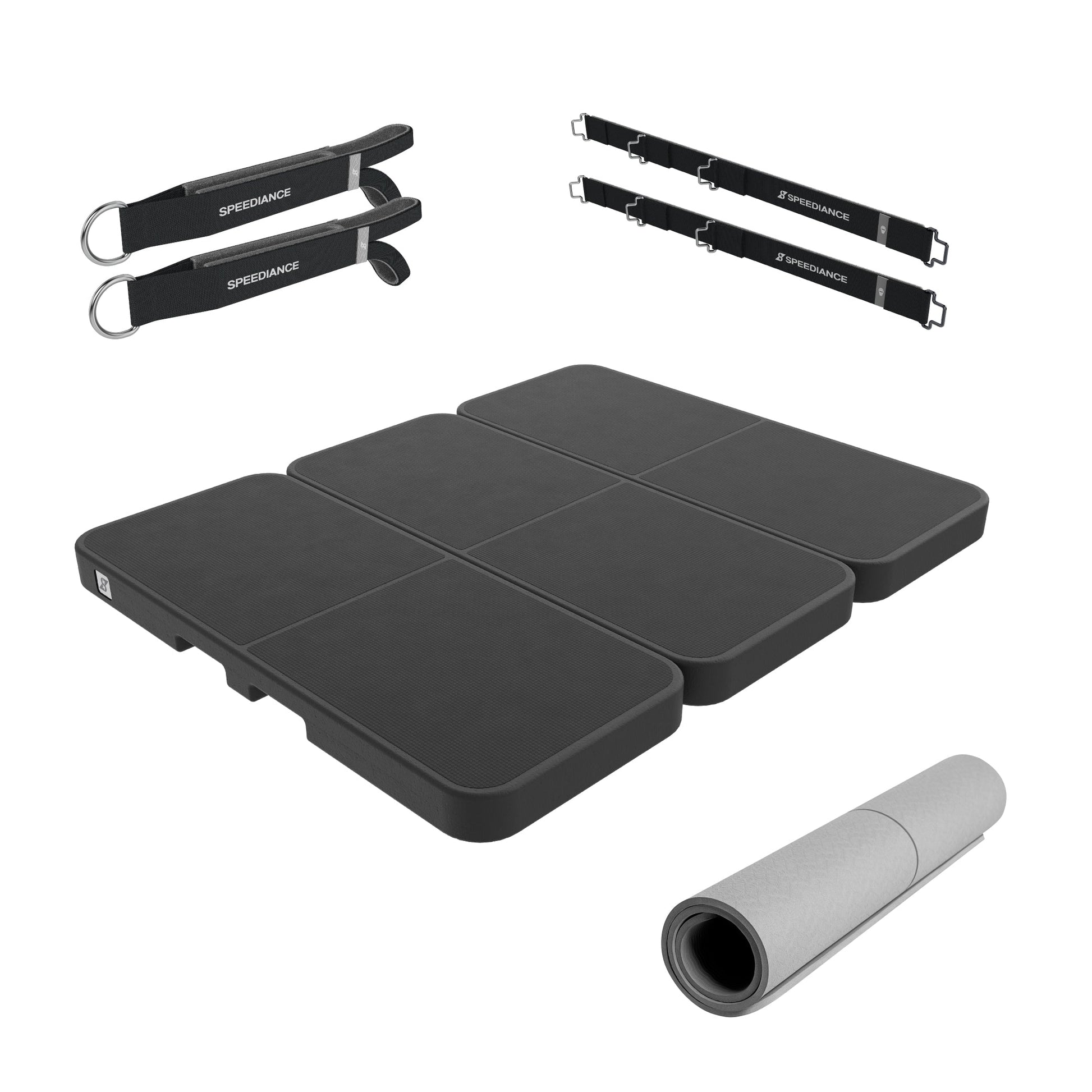 Speediance Pilates Kit components: foldable mat, ankle straps and attachment straps